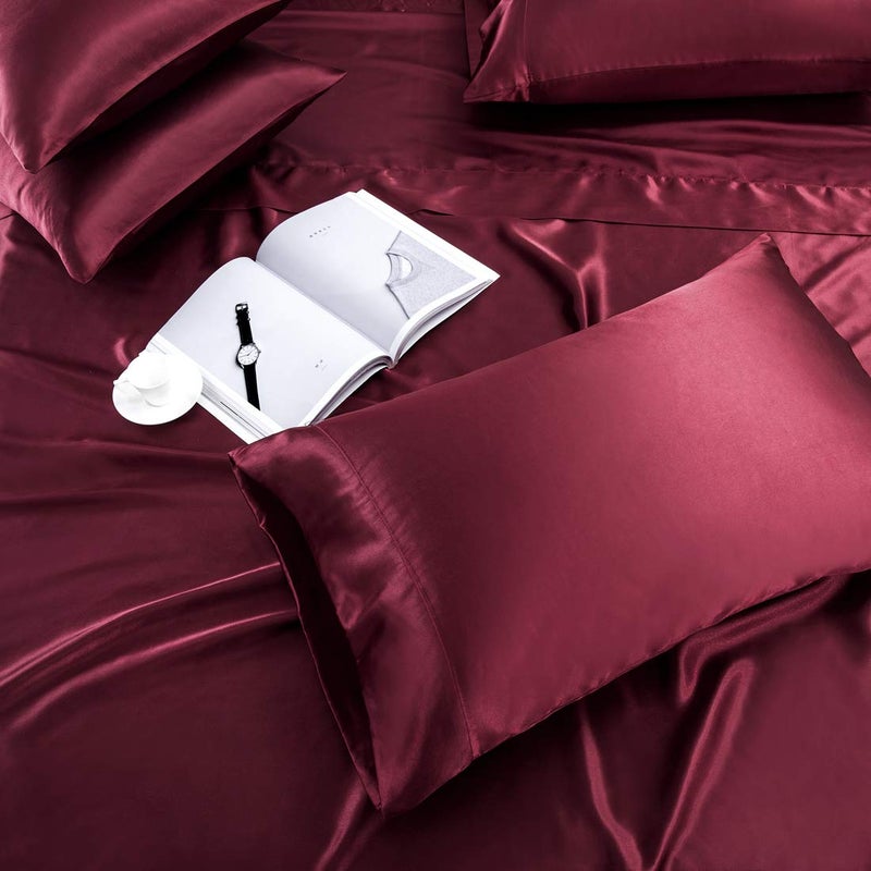 TREELY 6 Piece Queen Size Burgundy Satin Sheet Set with Deep Pocket, Fitted Sheet, Flat Sheet, 4 Pillowcases - Image 3